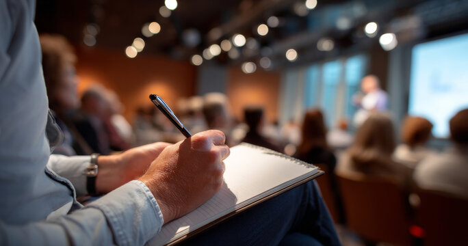 Close-up of person taking notes with pen on notebook during a conference or seminar in a modern meeting room with blurred audience and speaker