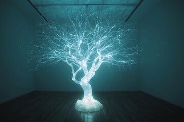 Illuminated abstract tree sculpture glowing with ethereal blue light in a dark modern gallery space