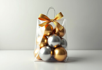 A transparent bag with golden and silver Christmas Tree balls, a beautiful ribbon on top of the bag. A light background.