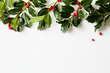 Real, freshly picked holly branches with green leaves and bright red berries on a white background. Winter natural decoration.