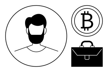 Portrait of a bearded man in a circle, Bitcoin currency, and briefcase representing blockchain, digital wallet, online transactions, decentralized finance, investments, and secure trade. Simple flat