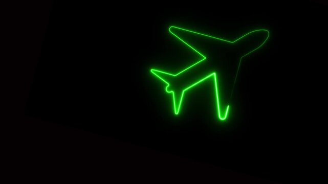 Glowing Neon Airplane Icon Animation on Black Background, and pogeson