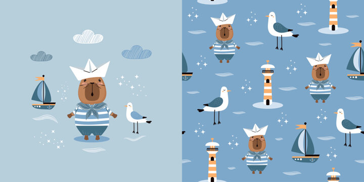 Children's background and seamless pattern with a funny capybara in a sailor costume, a seagull, and a boat. Vector design for fabric, wallpaper, wrapping paper, and more.