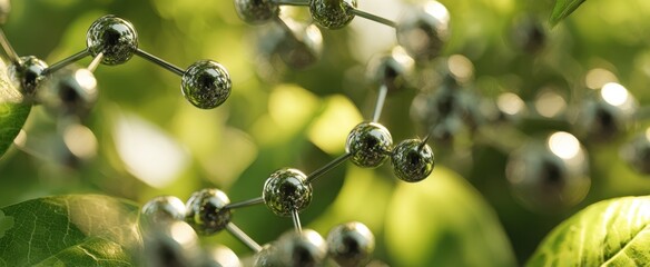The molecular model in green foliage representing sustainable biotechnology and nature