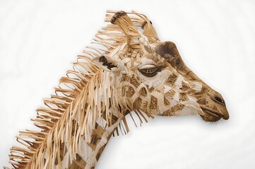 Close up profile of a giraffe s head and neck with intricate textured patterns against a white background