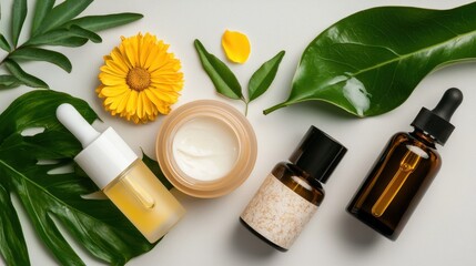 Natural Skincare Products with Botanicals and Leaves for Wellness