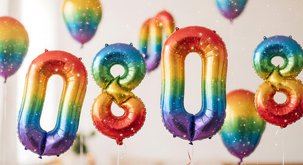Rainbow foil balloons forming the number eighty with additional rainbow balloons floating around ai generated