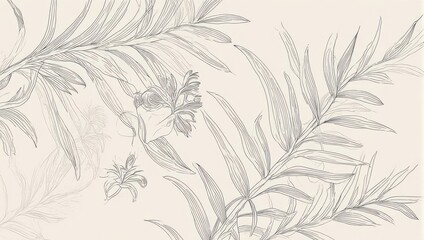 Elegant hand drawn botanical illustration with delicate leaves and flowers on a soft beige background.