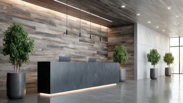 Modern Office Reception Area with Wood Paneling Concrete Wall and Potted Plants under Bright Ceiling Lights Minimalist Design and Clean Lines Interior Space Architecture
