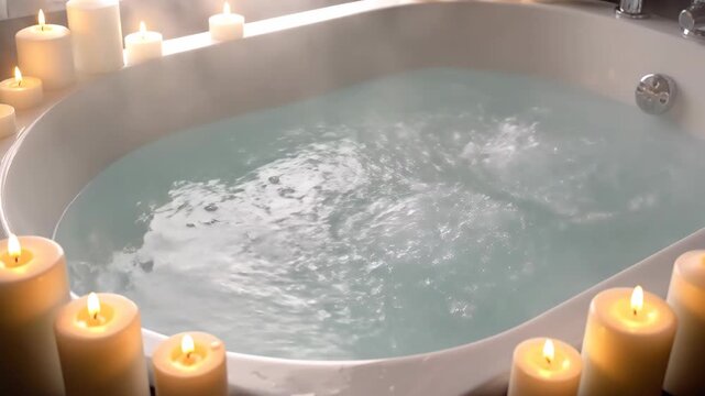 Relaxing bath scene, lit by soft candles, filled with steaming water