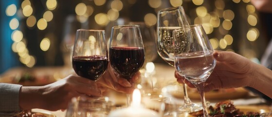 The wine glasses toasting over candlelit dinner with bokeh lights and joyful ambiance