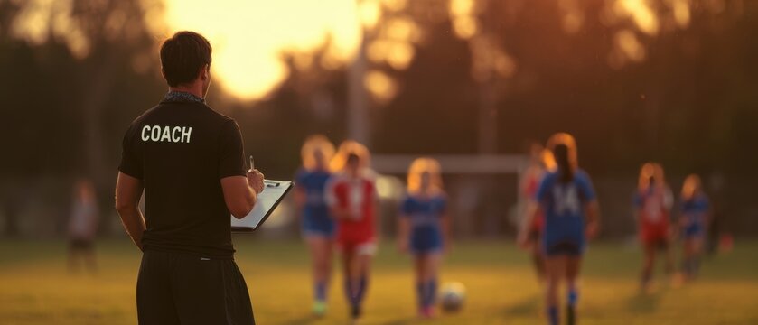 The Coach Observing Youth Soccer Practice at Sunset on Grass Field