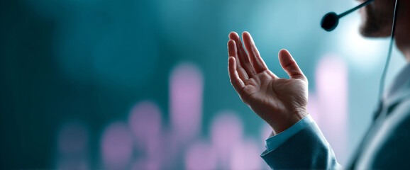 Close-up of a businessperson's hand gesturing during a presentation with blurred bar chart in background and headset microphone
