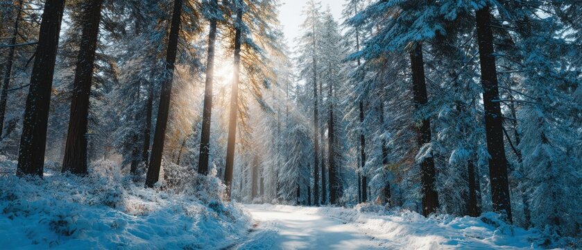The forest bathed in golden sunlight through snow covered pines on a crisp winter morning