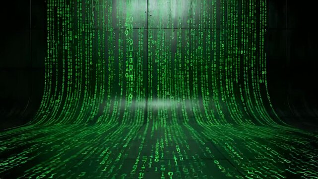 Dynamic cascading green code rain for high tech digital background displays