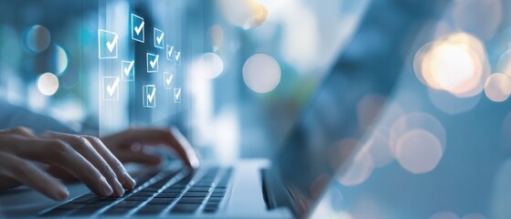 The Laptop Keyboard with Digital Checklists and Business Bokeh Background for Productivity