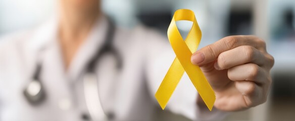 The Yellow Ribbon Held by Medical Professional Representing Cancer Awareness and Support