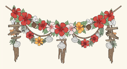 Tropical hibiscus garland with seashells and wooden accents for summer party decor, bringing a vibrant island vibe to your luau celebration