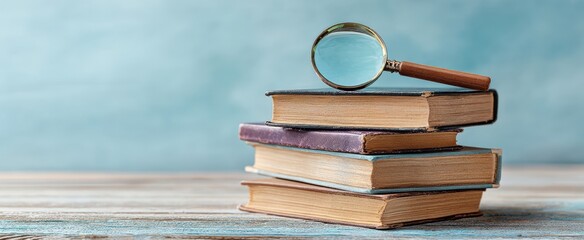 The Stack of Vintage Books with Magnifying Glass on Table