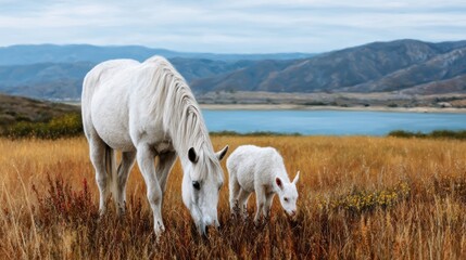 Fototapeta premium A serene scene of white horses grazing alongside their foal in a picturesque landscape, symbolizing grace, beauty, and the simplicity of life in harmony with nature.