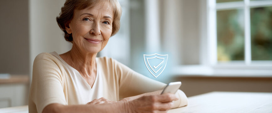Smiling elderly woman holding smartphone with digital shield icon representing security and protection in bright home interior - Powered by Adobe