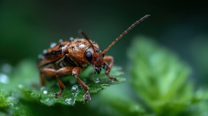 A stunning close-up photograph capturing a detailed view of a beetle on a leaf adorned with dew droplets, showcasing nature's intricate beauty.
