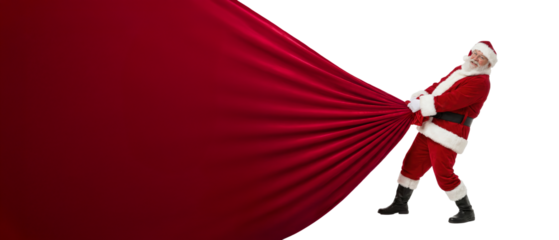 Santa Claus pulling an oversized red sack filled with presents, isolated on transparent PNG background with space for text or design.