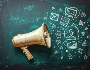 Megaphone and chalk drawings on a dark green chalkboard