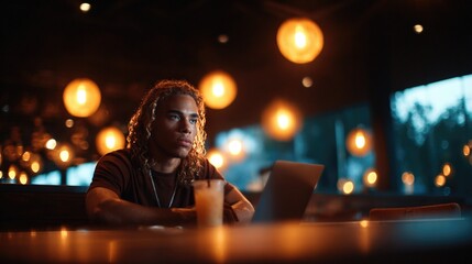 A pensive young man sits alone in a cafe, intensely focused on his laptop, illuminated by warm pendant lights, capturing the essence of inspiration and solitude in a creative space.