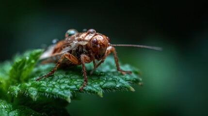 Fototapeta premium This close-up image captures a cockroach on a leaf adorned with dew drops, showcasing the intricate details of nature and the beauty of small creatures in macro photography.
