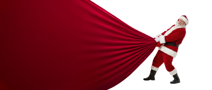 Santa Claus pulling an oversized red sack filled with presents, isolated on transparent PNG background with space for text or design.