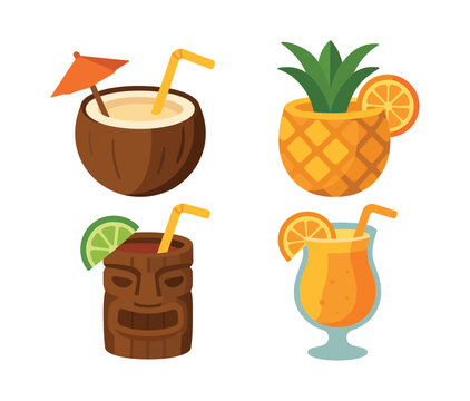 Tropical drinks vector illustration, tiki cocktail, pineapple, flat vector style
