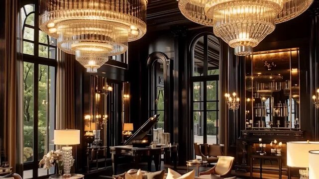 Luxurious Grand Living Room with Elegant Chandeliers and Plush Seating.