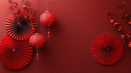 Red New Year decorations, with plum blossoms, red lanterns, and paper fans placed on the ground, minimalistic high-definition scene celebrating New Year traditions and festive atmosphere.