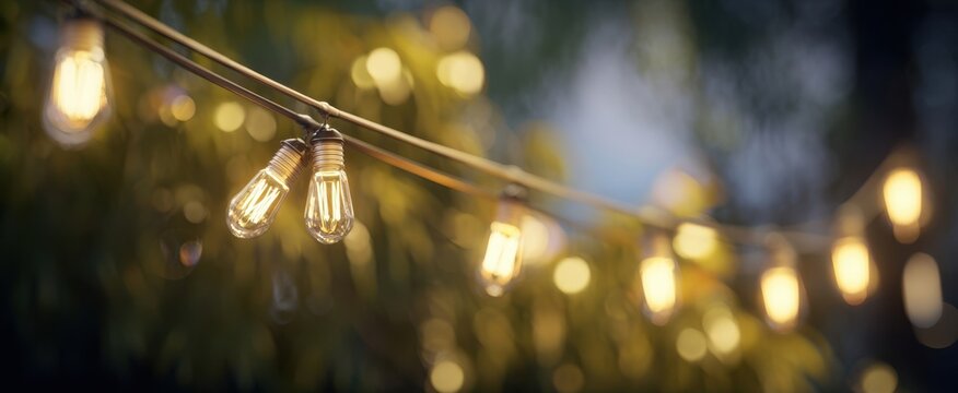 The light bulbs on a hanging string creating warm glowing bokeh in a backyard