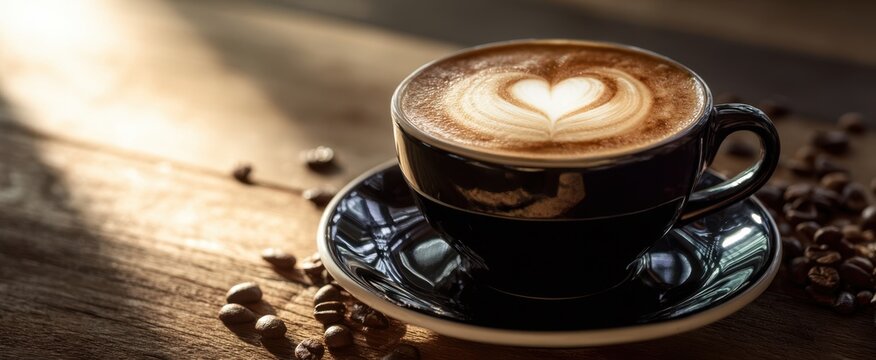 The cup of coffee with heart latte art on rustic wooden table