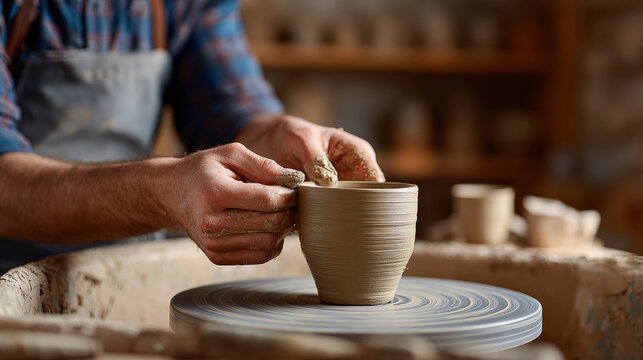 Close-up of artisan shaping clay pot on pottery wheel in workshop with hands covered in wet clay