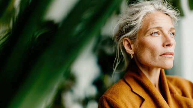 A serene portrait of a mature woman with striking features, looking contemplatively into the distance, surrounded by lush greenery and soft textures that express tranquility and wisdom. - Powered by Adobe