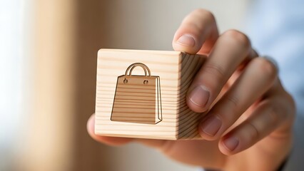 Hand holding a wooden block with a shopping bag icon, symbolizing modern e-commerce, digital retail, and the concept of consumer choice