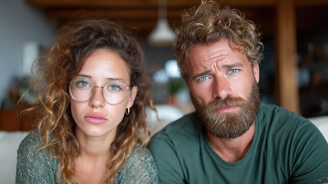 A close-up image of a couple with thoughtful expressions, emphasizing vulnerability and connection in a relaxed setting filled with warm light and intimate atmosphere.