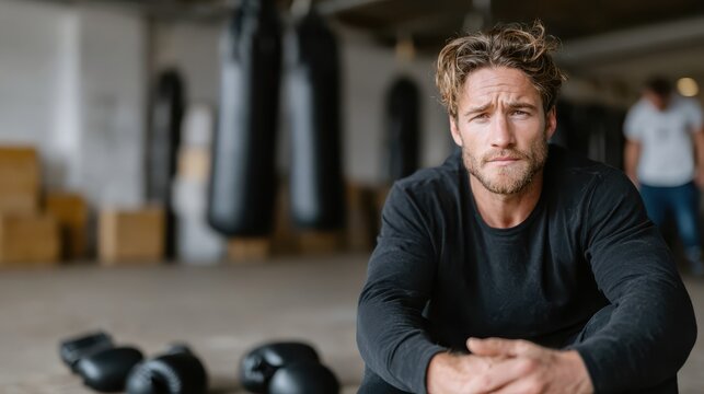 A focused boxer catching his breath, contemplating his next move while sitting on the ground in a gym filled with boxing equipment, showcasing dedication and determination.