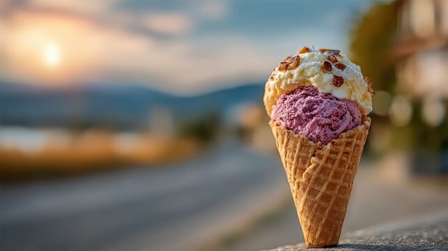 A vibrantly colored ice cream cone showcases two delicious flavors topped with nuts, exuding a sense of joy and summer bliss against a backdrop of serene nature.