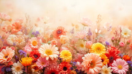 Colorful spring flowers arranged on soft pastel background with falling petals.