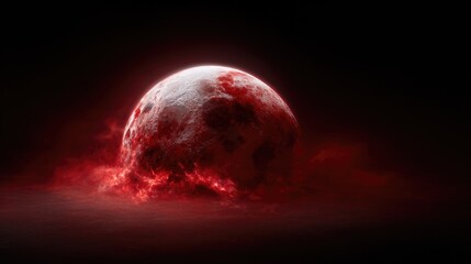 A dramatic depiction of a blood moon emerging from a smoky haze, highlighting the celestial phenomenon accompanied by a fiery ambiance, inspiring awe and wonder.