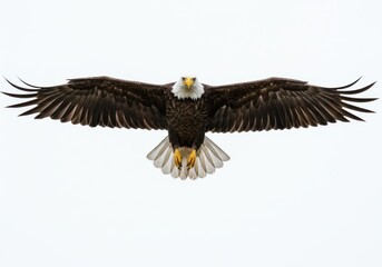 Obraz premium Majestic Bald Eagle in Flight with Spread Wings Against Bright Sky