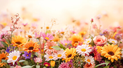 Bright colorful spring flowers blooming in soft sunlight with warm tones background.