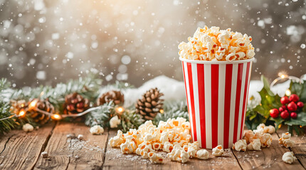 Festive popcorn bucket on wooden table with snow and Christmas decor.
