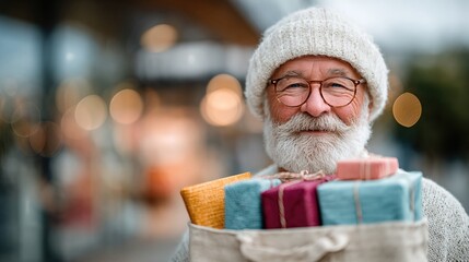 A joyful senior man with a white beard wearing a cozy hat, holding colorful wrapped gifts, radiating warmth and happiness in a festive atmosphere, perfect for holiday celebrations.