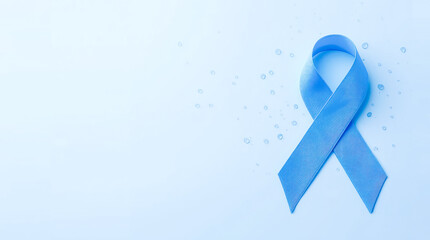 Blue awareness ribbon with water drops on light background symbolizing health support.