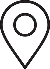 A minimalist outline of a map pin or location marker with a central circle, presented in a clean black and white design.